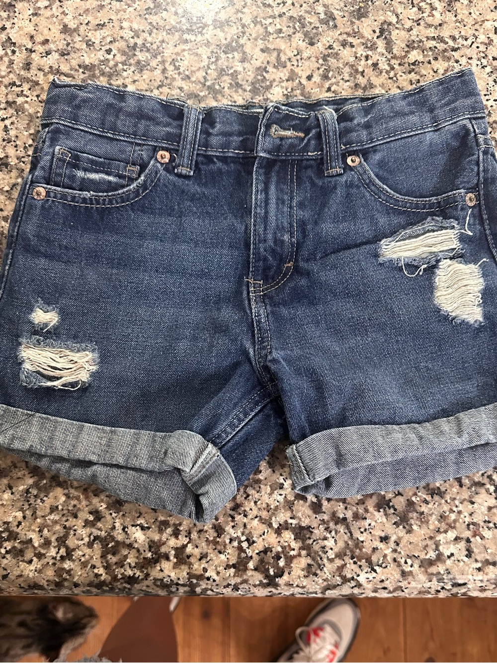 Levi's Dark Blue Distressed Roll-Cuff Denim Shorts